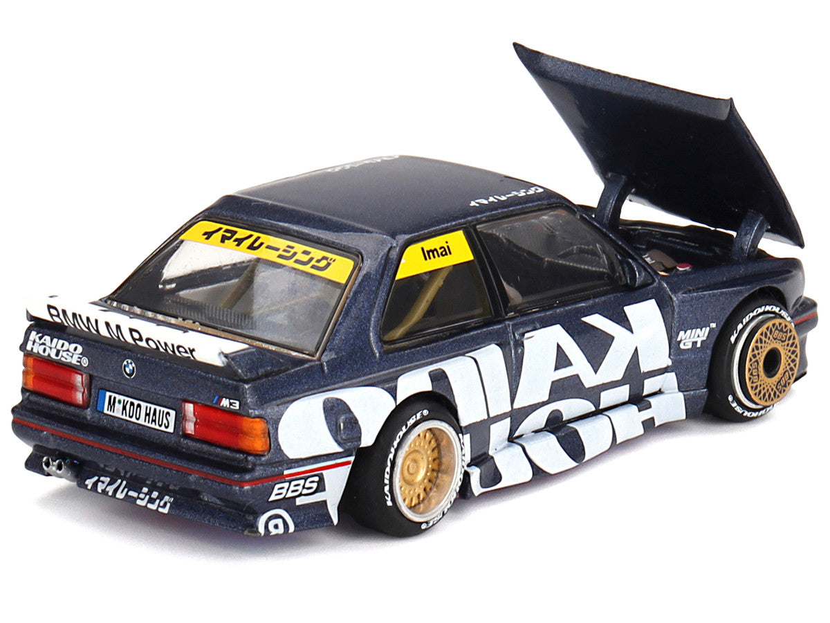 BMW M3 (E30) "Kaido Works V1" Dark Blue Metallic with Graphics (Designed by Jun Imai) "Kaido House" Special 1/64 Diecast Model Car by Mini GT-1